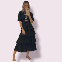 Saia Midi Plissada Babados 4 Camadas Tecido Premium Saia Midi Plissada Babados 4 Camadas Tecido Premium