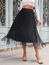 Saia Midi Plissada Elegante Design de Tule de Cintura Alta