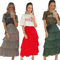 Saia midi plissada feminina 4 babados moda fashion