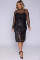 Saia Midi Plus Size Em Paetê Isadora Preta Cess - EG - Preto