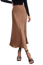 Saia Midi PRETTYGARDEN de Cetim Marrom Cintura Alta Modelo A-Line Tamanho L