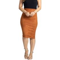 Saia Midi Secretária Cintura Alta Scuba Suede Caramelo