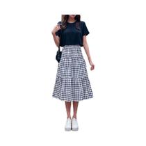 Saia Midi Vintage Xadrez De Cintura Alta Com Patchwork Em Camadas Para Mulheres Verão Emagrecimento