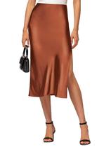 Saia midi VividHarbor de cetim de cintura alta, elástica, marrom, feminina