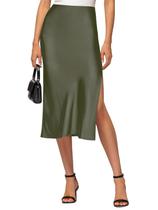 Saia Midi VividHarbor Satin, cintura alta, elástica, verde-oliva