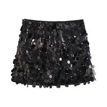 Saia Mini De Cintura Alta Para Mulheres Com Lantejoulas Brilhantes Em Prata E Preto Estilo Coreano