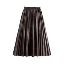 Saia Plissada De Couro PU Preto De Cintura Alta Para Mulheres, Saia Midi A-Line Fashionável - REALEFT