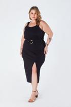Saia Plus Size Midi com Fenda Frontal Cintura com Elástico e Cinto Decorativo Preto Verônica Saia Plus Size Midi com Fenda Frontal Cintura com Elástico e Cinto Decorativo Preto Verônica
