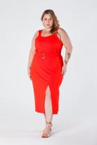 Saia Plus Size Midi com Fenda Frontal Cintura com Elástico e Cinto Decorativo Vermelha Verônica Saia Plus Size Midi com Fenda Frontal Cintura com Elástico e Cinto Decorativo Vermelha Verônica