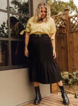 Saia Plus Size Midi, Preta, Cós Com Elástico, Até 54
