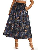Saia RITERA Plus Size elástica de cintura alta floral azul marinho 4GG
