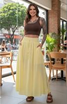 Saia Rodada Basica Cintura Elastica Alta Com Fenda E Bolsos