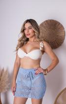 Saia Saida de Praia Tricot Crochê Vazada Curta Com Cós Ajustável