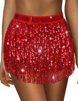 Saia Sarfel Red Sequin Sparkly Sparkly com franja de cintura ajustável