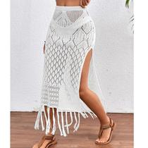 Saia Sarong Feminina De Tricô Texturizado Com Fenda Alta E Franjas, Saída De Praia Para Biquíni,