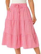 Saia Seta T Gingham Plaid A-Line Midi com cordão vermelho GG Saia Seta T Gingham Plaid A-Line Midi com cordão vermelho GG