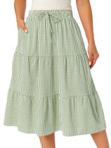 Saia Seta T Gingham xadrez A-Line Midi com bolsos para mulheres Saia Seta T Gingham xadrez A-Line Midi com bolsos para mulheres
