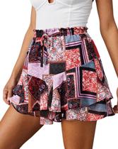 Saia-Short Aoudery Floral Mini em Chiffon com Babado Boho Saia-Short Aoudery Floral Mini em Chiffon com Babado Boho