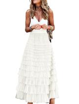 Saia SUNYUESTAR de tule longo para mulheres, cintura alta, linha A, branca