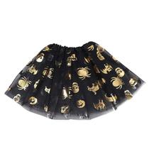 Saia Tule Halloween Preto Com Estampa Dourado