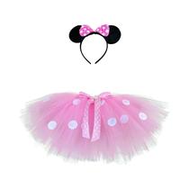 Saia Tutu Rosa Para Meninas Com Poás Brancos E Laço De Cabelo Fantasia De Balé Infantil