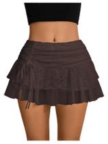 Saia Verdusa Y2k, renda, babado, mini malha, cintura alta, marrom