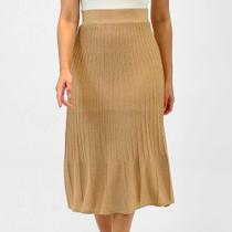 Saia Via Tricot Midi Plissada em Tricot com Fio Lurex Feminina