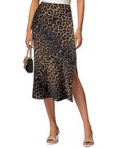 Saia VividHarbor Acetinada de Cintura Alta Midi Leopardo Marrom Feminina