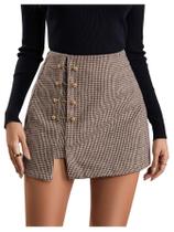 Saia WDIRARA de material sintético de cintura alta xadrez marrom XXS-XXXXL Saia WDIRARA de material sintético de cintura alta xadrez marrom XXS-XXXXL