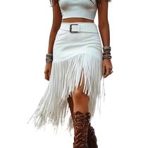 Saia Western Fringe Suede Bodycon assimétrica com borlas