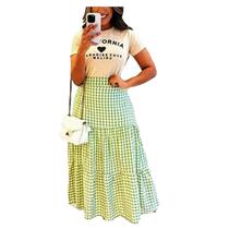 Saia Xadrez Longa Babados Moda Evangelica Feminina Elegante 2621