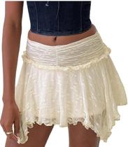 Saia Yiulangde feminina de renda, mini babado assimétrico