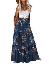 Saia Zeagoo Long Summer Blue Floral com bolsos para mulheres Saia Zeagoo Long Summer Blue Floral com bolsos para mulheres