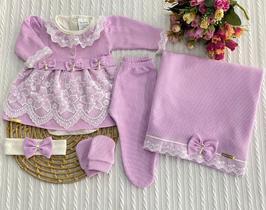 Saída de Maternidade 6 Peças em Malha Tricô Vestido, Body, Manta, Luvas e Tiara
