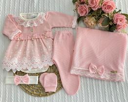 Saída de Maternidade 6 Peças em Malha Tricô Vestido, Body, Manta, Luvas e Tiara