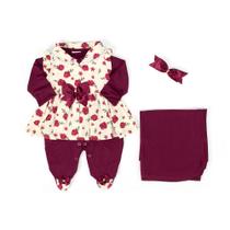 Saída De Maternidade Baby Bela Menina Luxo Vinho Floral Toque Fino 4 Peças