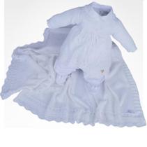 Saída de maternidade batizado em tricot com manta para menina, cor branco Beth Bebê