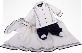 Saída de maternidade batizado em tricot com manta para menino, cor branco Beth Bebê
