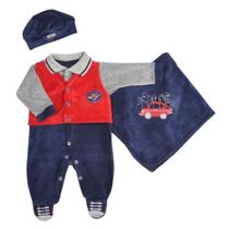 Saída de maternidade bebê masculino plush com touca Djiele marinho com vermelho e cinza