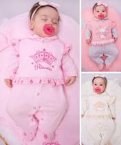 Saida de maternidade bebê menina com bordado coroa cor rosa 100% algodão luxo
