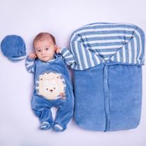 Saída de Maternidade com Porta Bebê Menino Leão Bordado Azul 04 Peças - Amora Baby Enxovais