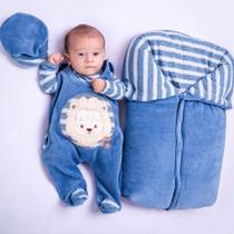Saída de Maternidade com Porta Bebê Menino Leão Bordado Azul 04 Peças