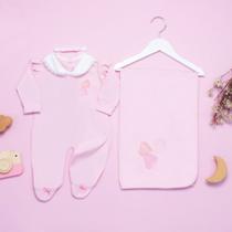 Saída de Maternidade Coração Rosa Gola Renda Guipir Menina 3 Peças 100% Algodão Macio e Antialérgico