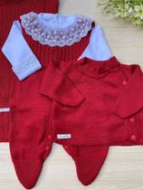 Saída de maternidade de menina em tricot 4 peças body com renda e pérolas Saída de maternidade de menina em tricot 4 peças body com renda e pérolas