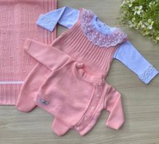 Saída de maternidade de menina em tricot 4 peças body com renda e pérolas