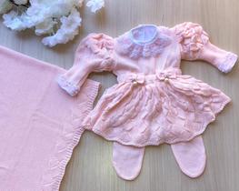 Saída de maternidade de menina vestido bufante em tricot 4 peças - Dinhos baby