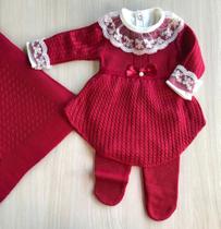 Saída de maternidade de menina vestido canelado em tricot 4 peças