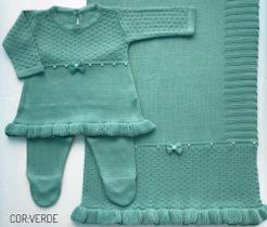 Saída de maternidade de menina vestido com barra em tricot 3 peças - Dinhos baby