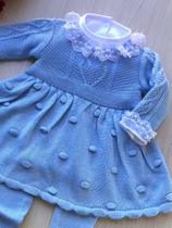 Saída de maternidade de menina vestido pipoca em tricot 4 peças
