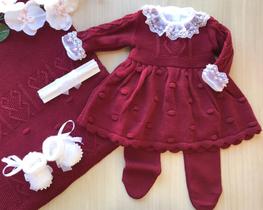 Saída de maternidade de menina vestido pipoca em tricot 4 peças - Dinhos baby